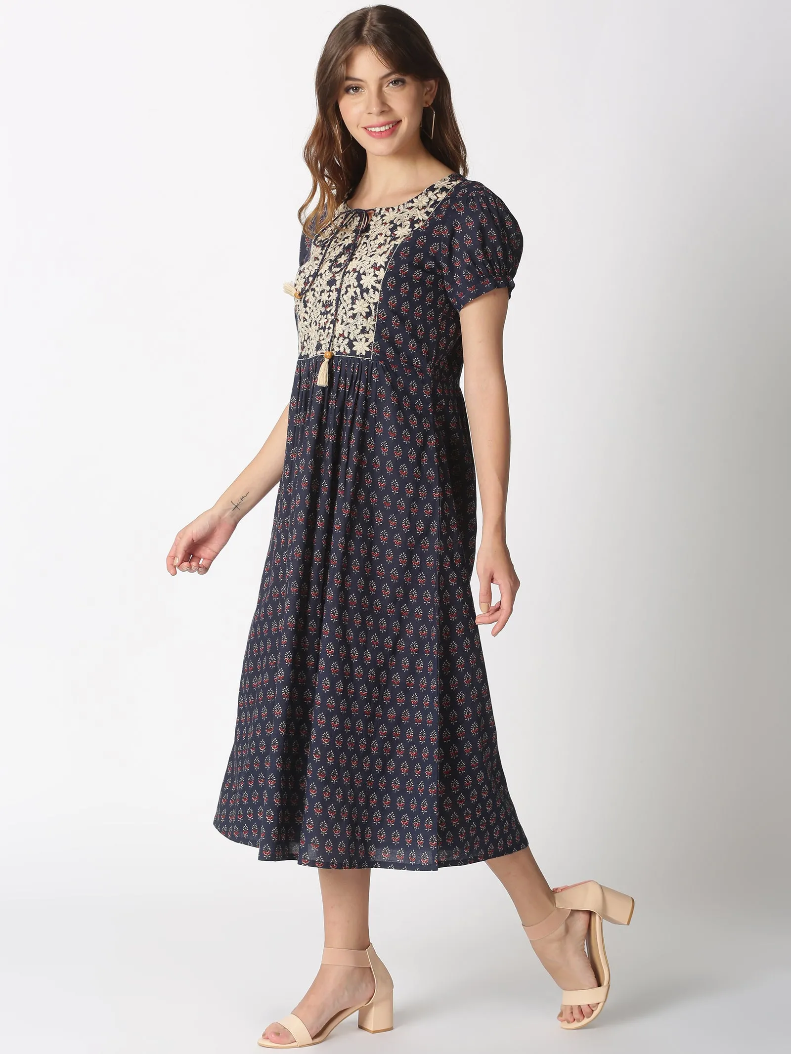 Navy Ethnic Motifs Printed Dress with Floral Embroidered Yoke