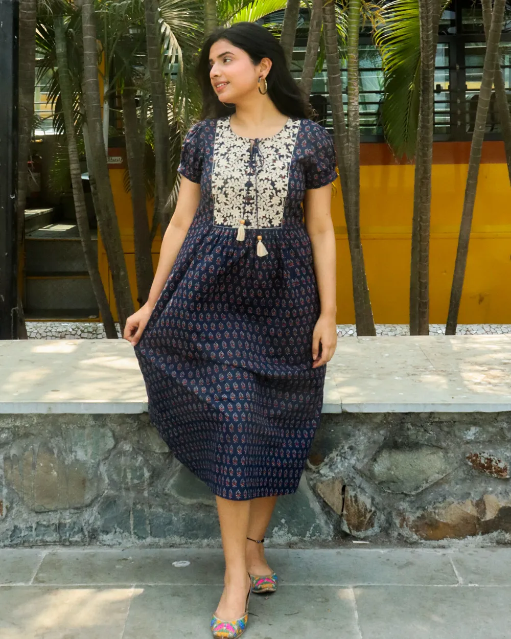 Navy Ethnic Motifs Printed Dress with Floral Embroidered Yoke