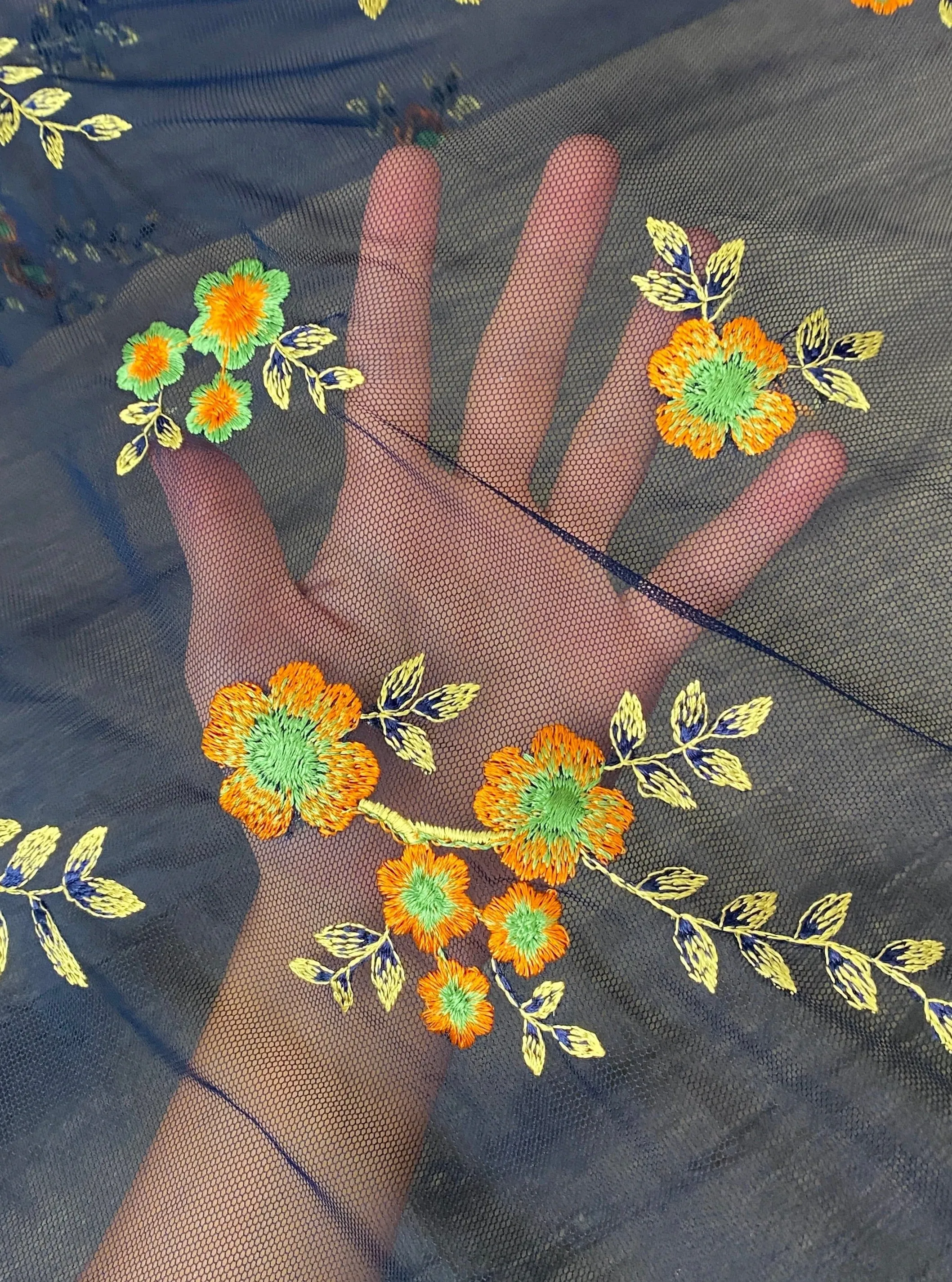 Navy Orange Floral Power Mesh