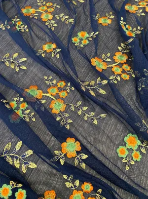 Navy Orange Floral Power Mesh