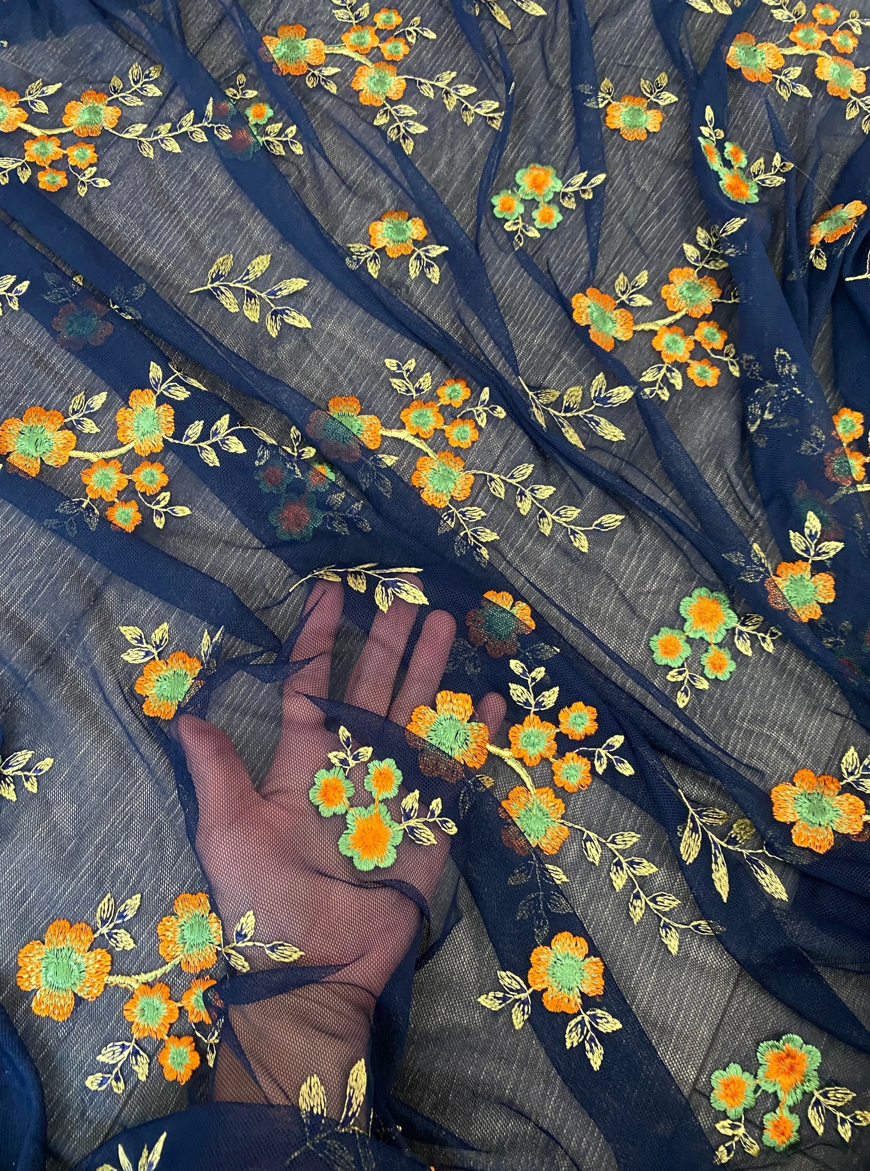 Navy Orange Floral Power Mesh