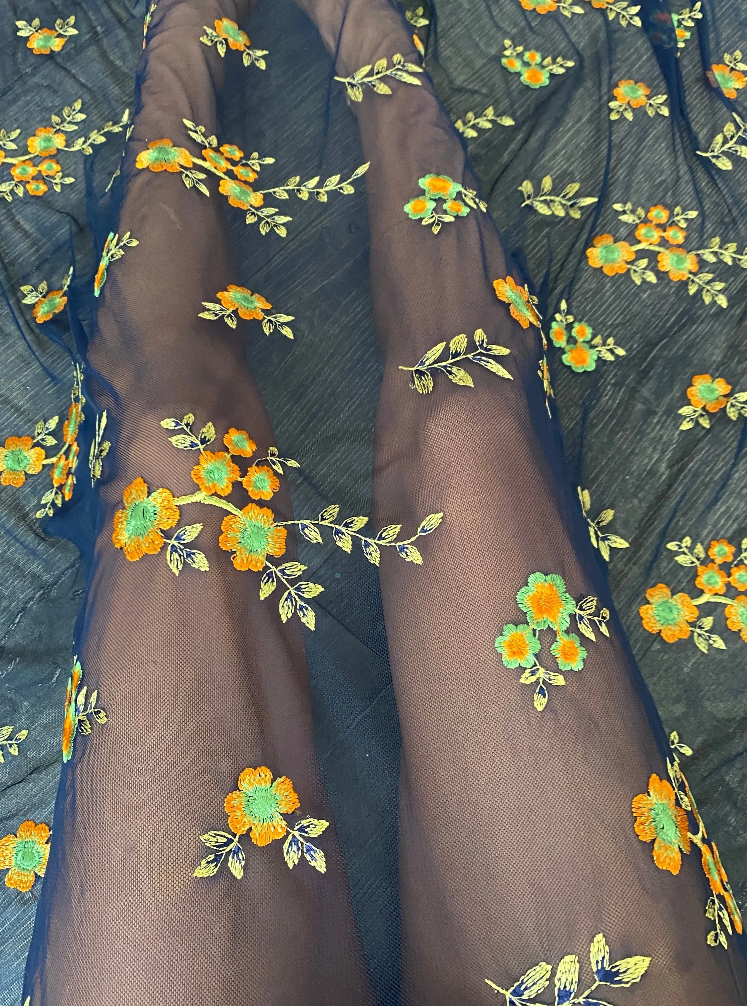 Navy Orange Floral Power Mesh