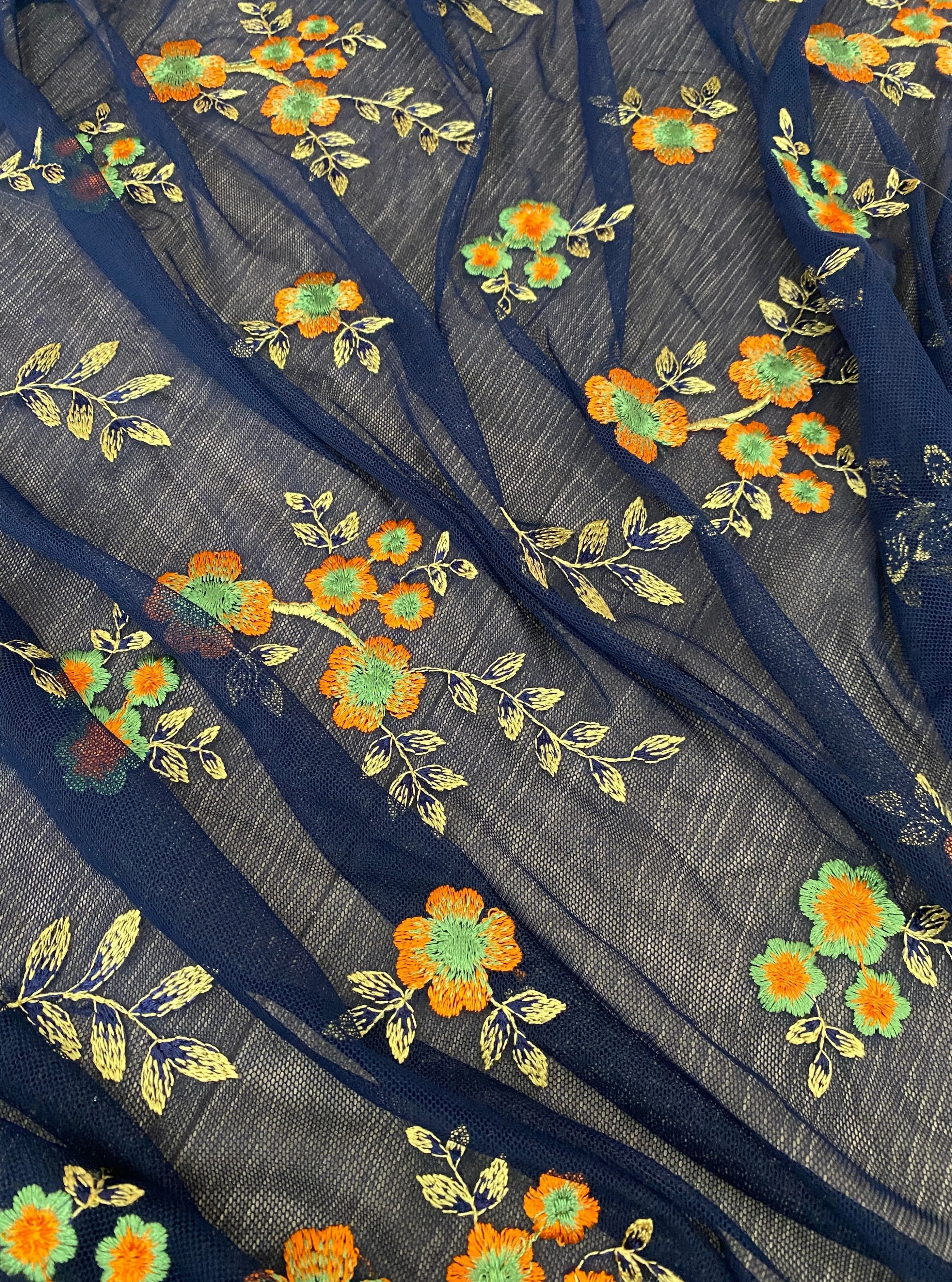 Navy Orange Floral Power Mesh