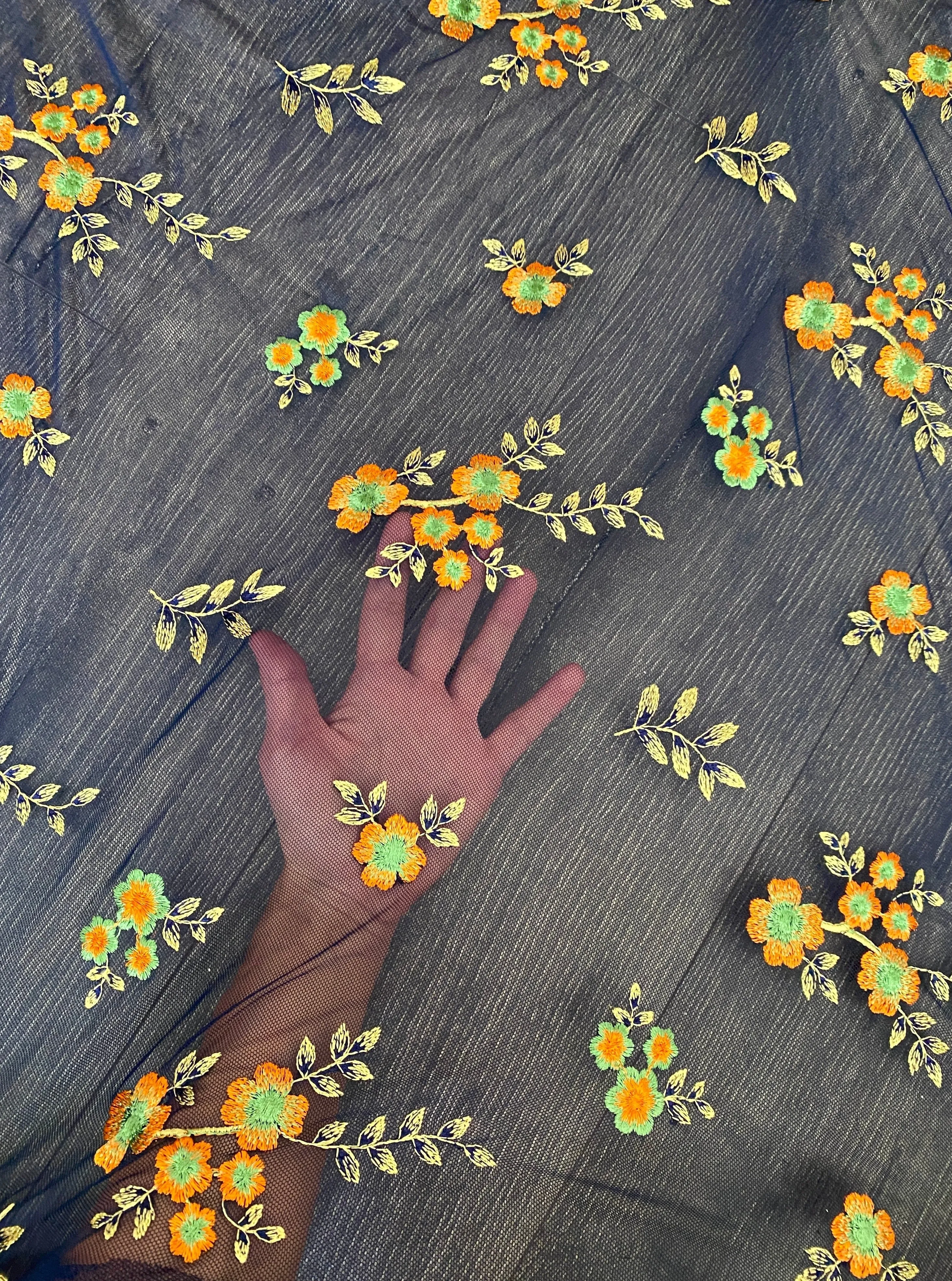 Navy Orange Floral Power Mesh