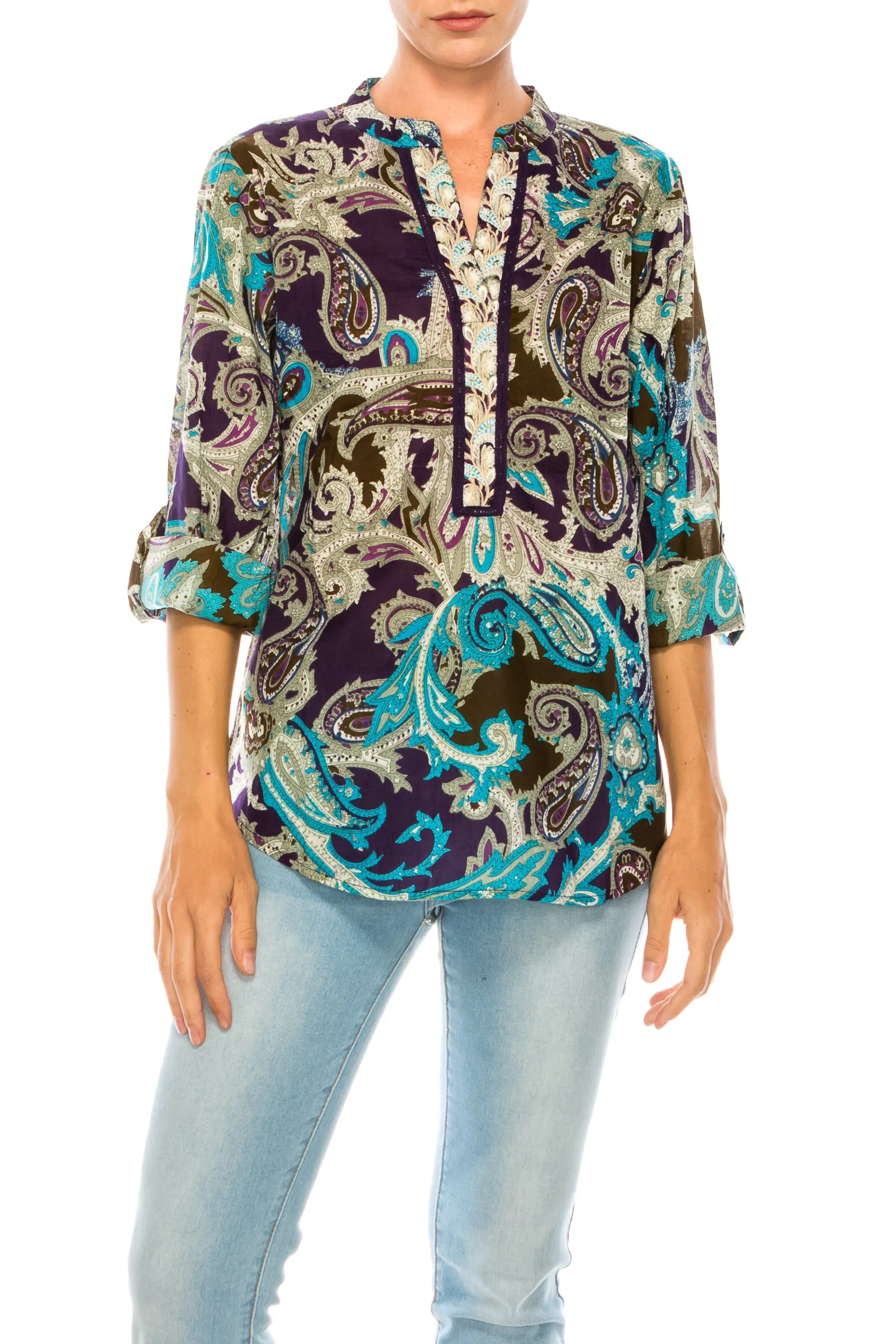 Navy Paisley Printed Tunic with Embroidery