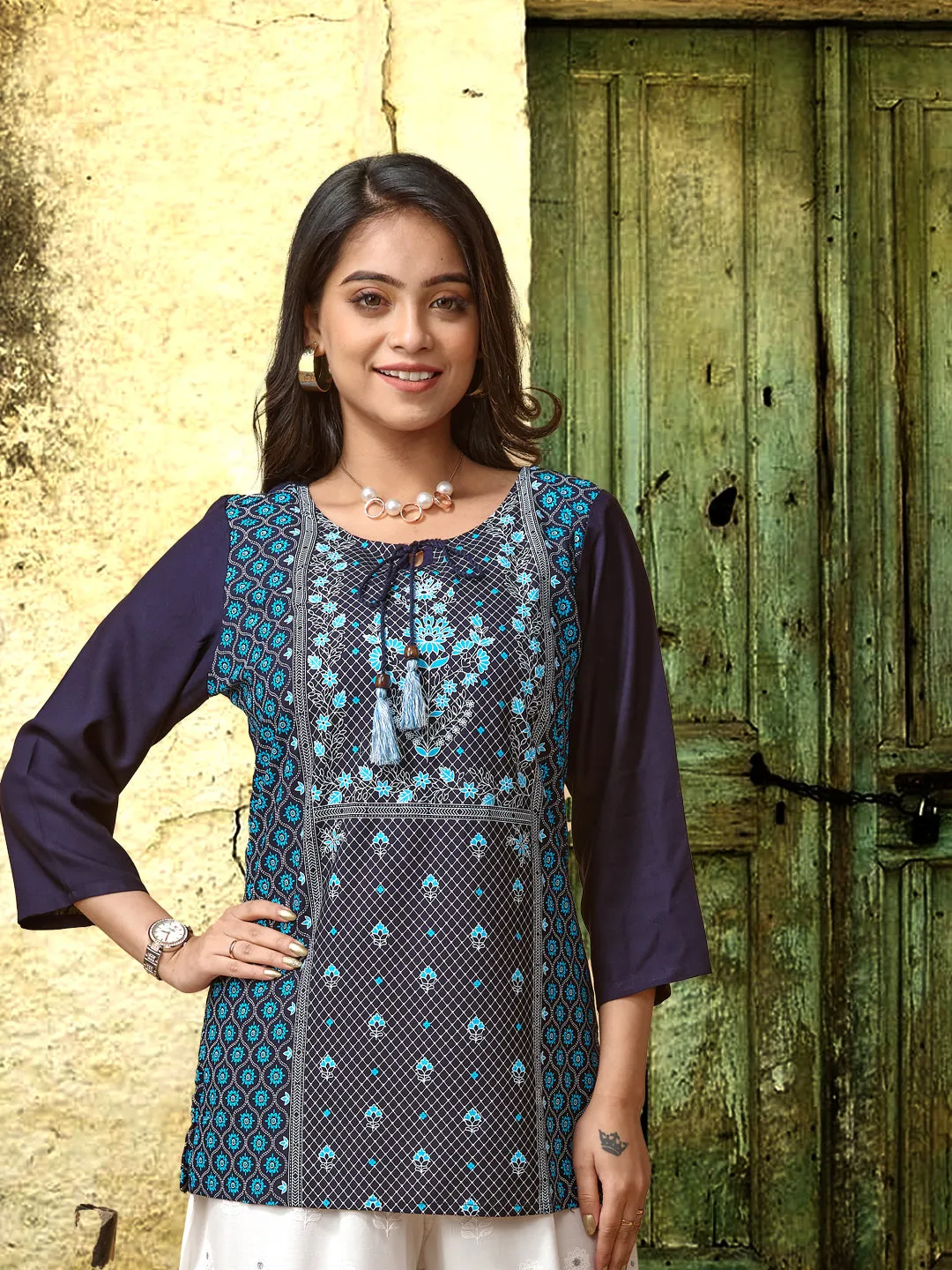 Navy Printed Woven Rayon Tunic #433