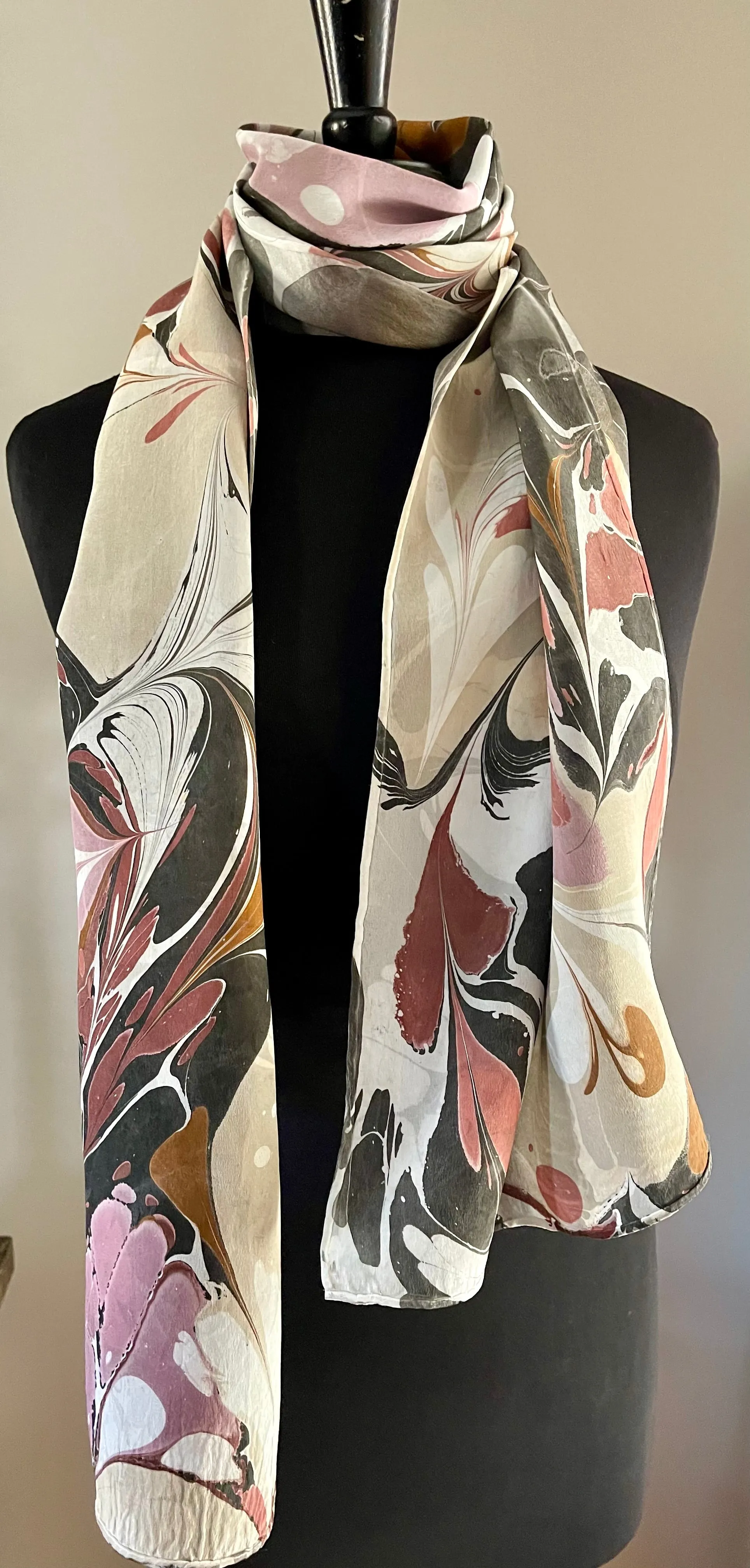 Neutral Double Sided Charmeuse Silk 72x14” bold fun. This beautiful silk makes a unique dresser cover and scarf.