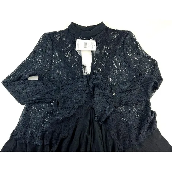 New Free People Womens Tell Tale Cutout Lace Long Sleeve Tunic Dress Black Sz XS