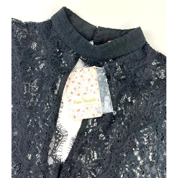 New Free People Womens Tell Tale Cutout Lace Long Sleeve Tunic Dress Black Sz XS
