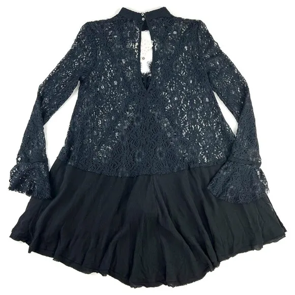 New Free People Womens Tell Tale Cutout Lace Long Sleeve Tunic Dress Black Sz XS