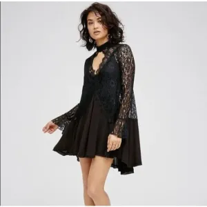 New Free People Womens Tell Tale Cutout Lace Long Sleeve Tunic Dress Black Sz XS