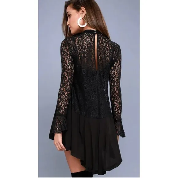 New Free People Womens Tell Tale Cutout Lace Long Sleeve Tunic Dress Black Sz XS