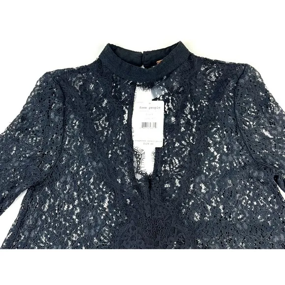 New Free People Womens Tell Tale Cutout Lace Long Sleeve Tunic Dress Black Sz XS