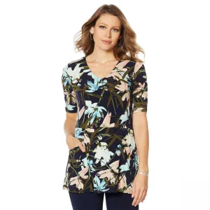 Nina Leonard Women's Printed Miracle Matte Jersey Tunic Top With Pockets