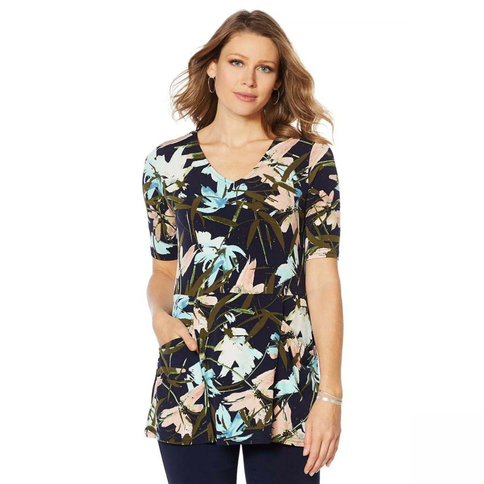 Nina Leonard Women's Printed Miracle Matte Jersey Tunic Top With Pockets