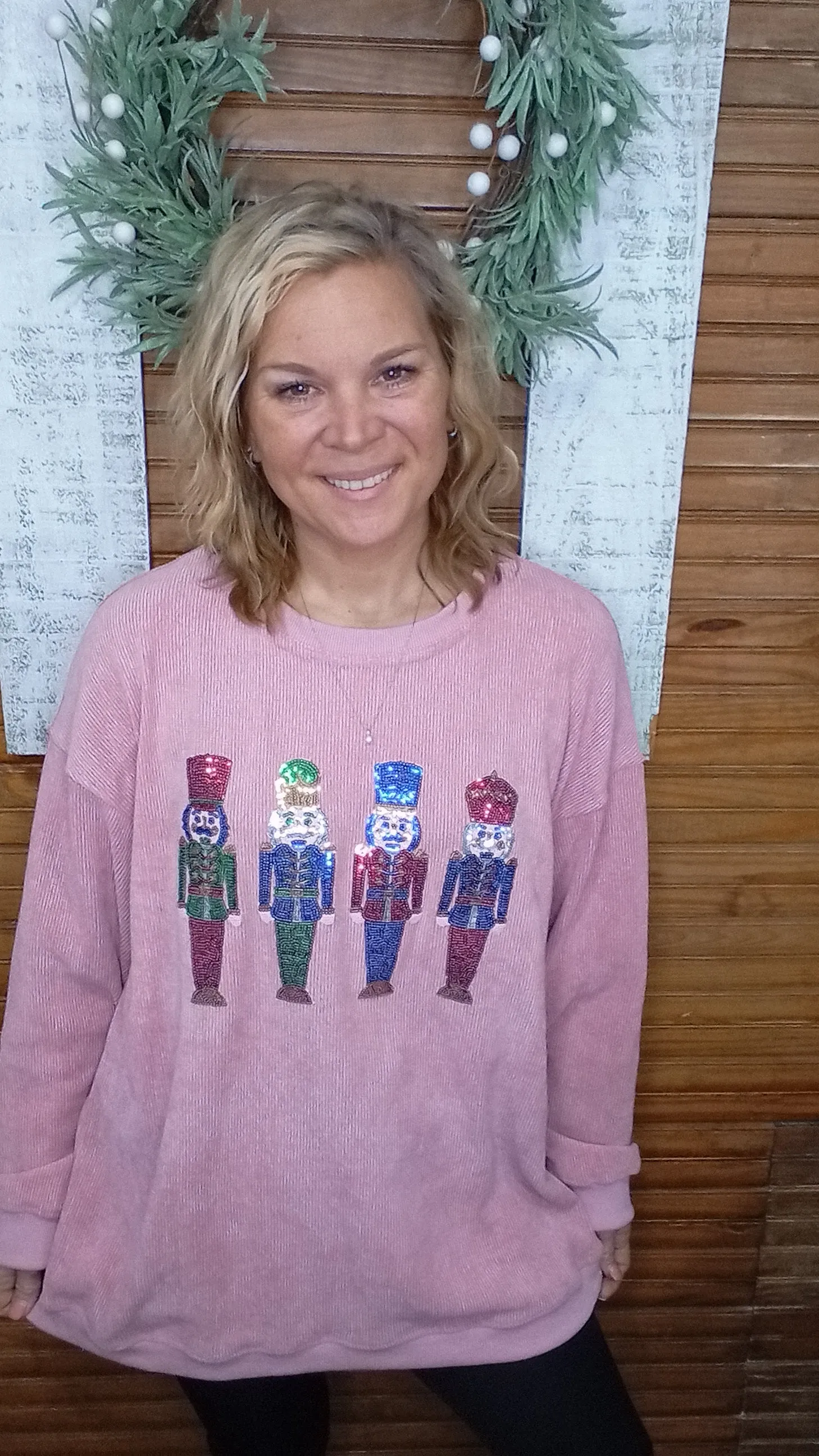 Nutcracker Sequin Pink Corded Crew Shirt