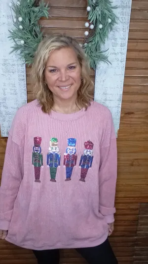 Nutcracker Sequin Pink Corded Crew Shirt
