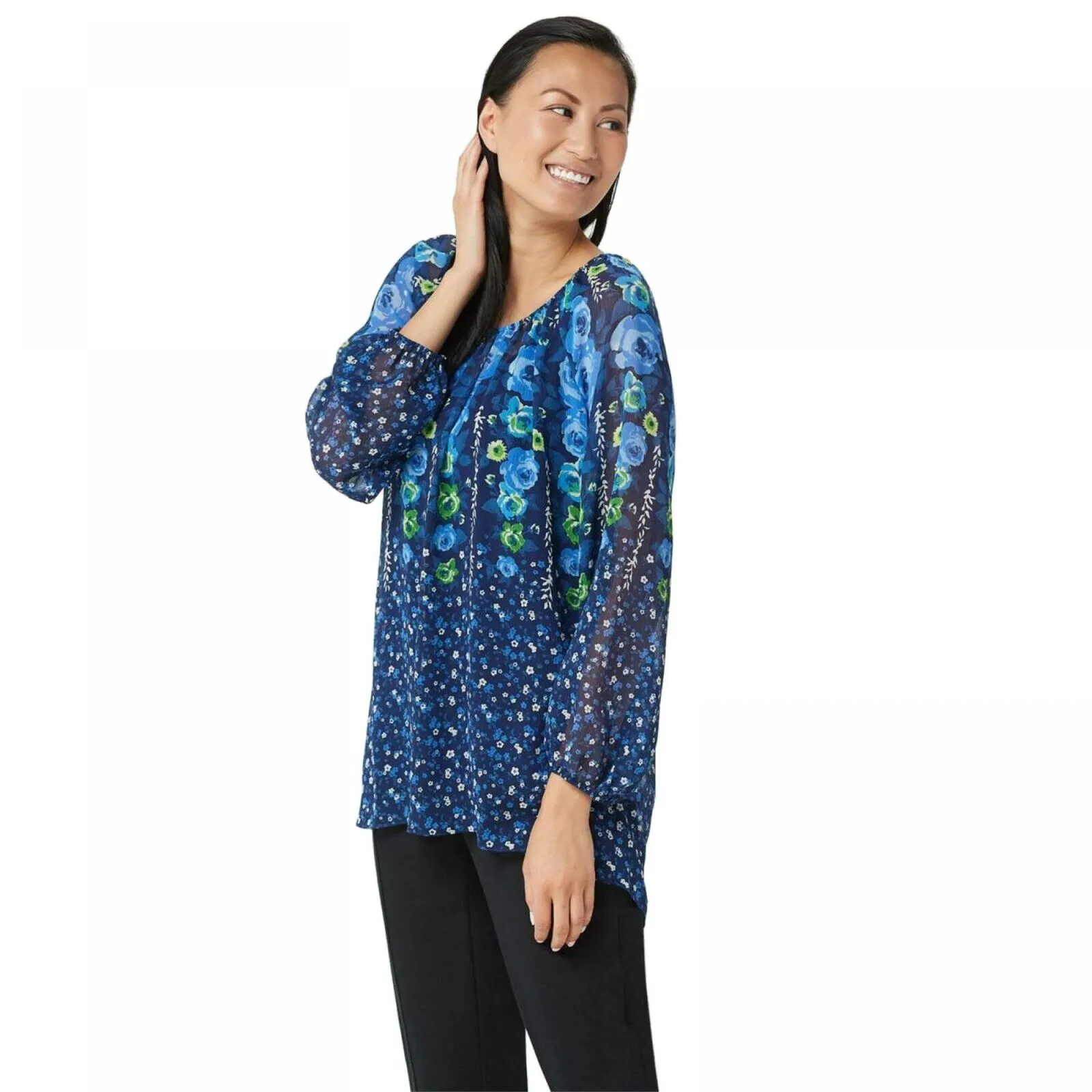 NWT Susan Graver Printed Crinkle Chiffon Peasant Tunic With Knit Tank. A351016 S