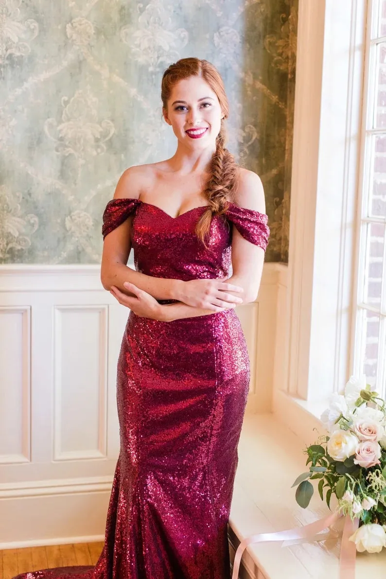 Off the Shoulder Burgundy Sequin Prom Dresses Long Wedding Guest Dress