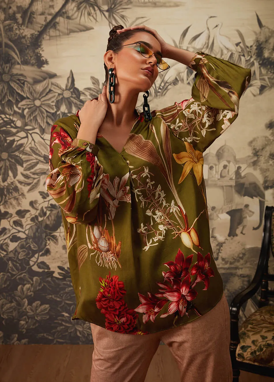 Olive green printed tunic