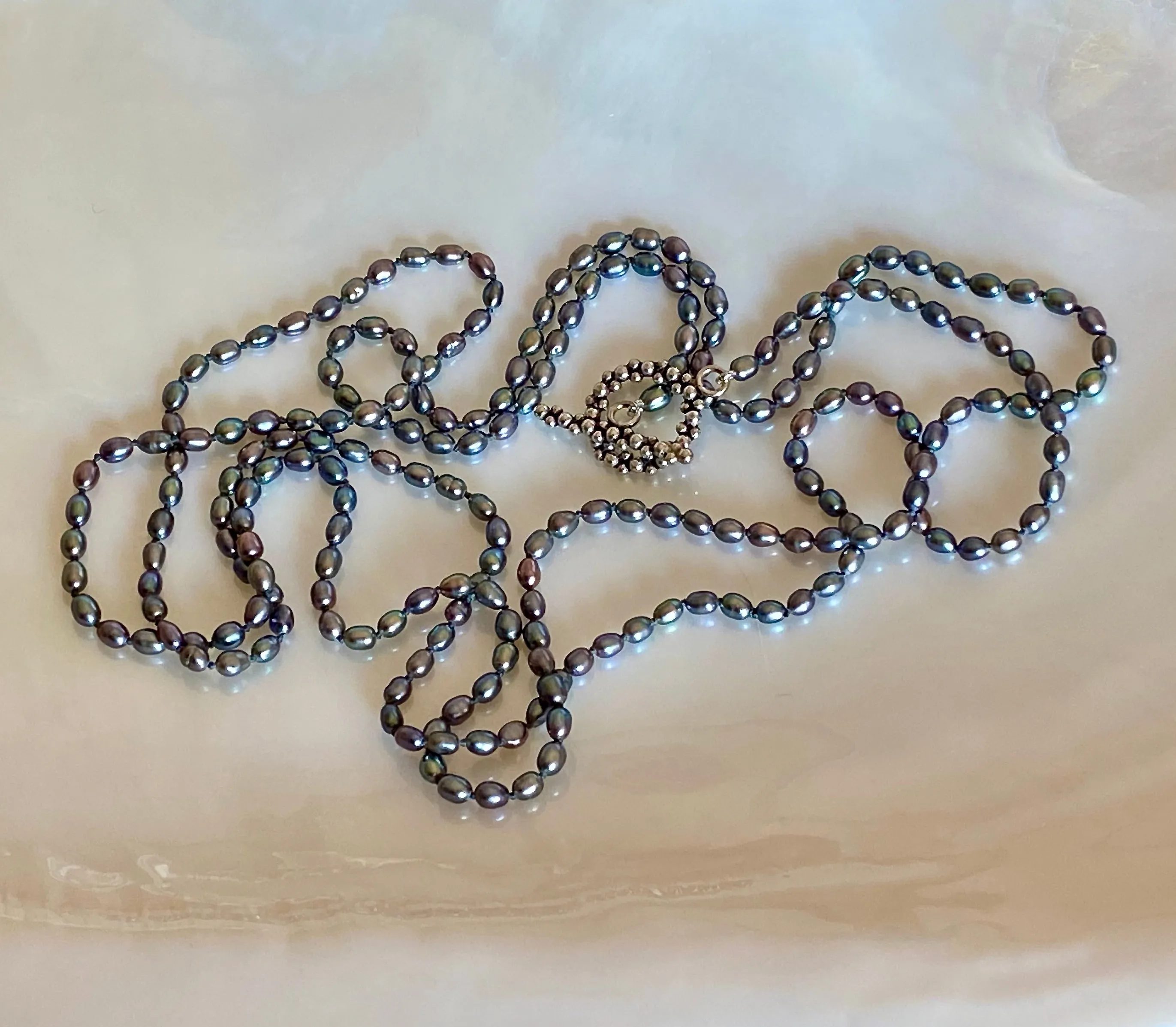 One of a Kind 37" Peacock Color Cultured Freshwater Petite Pearl Strung Necklace by Arpaia with Handmade Antiqued Sterling Silver Toggle Clasp