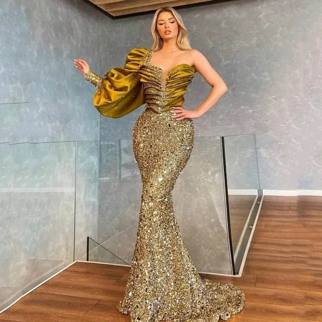 One Shoulder Shinny Evening Dresses Crystal Tiered Puff Sleeves