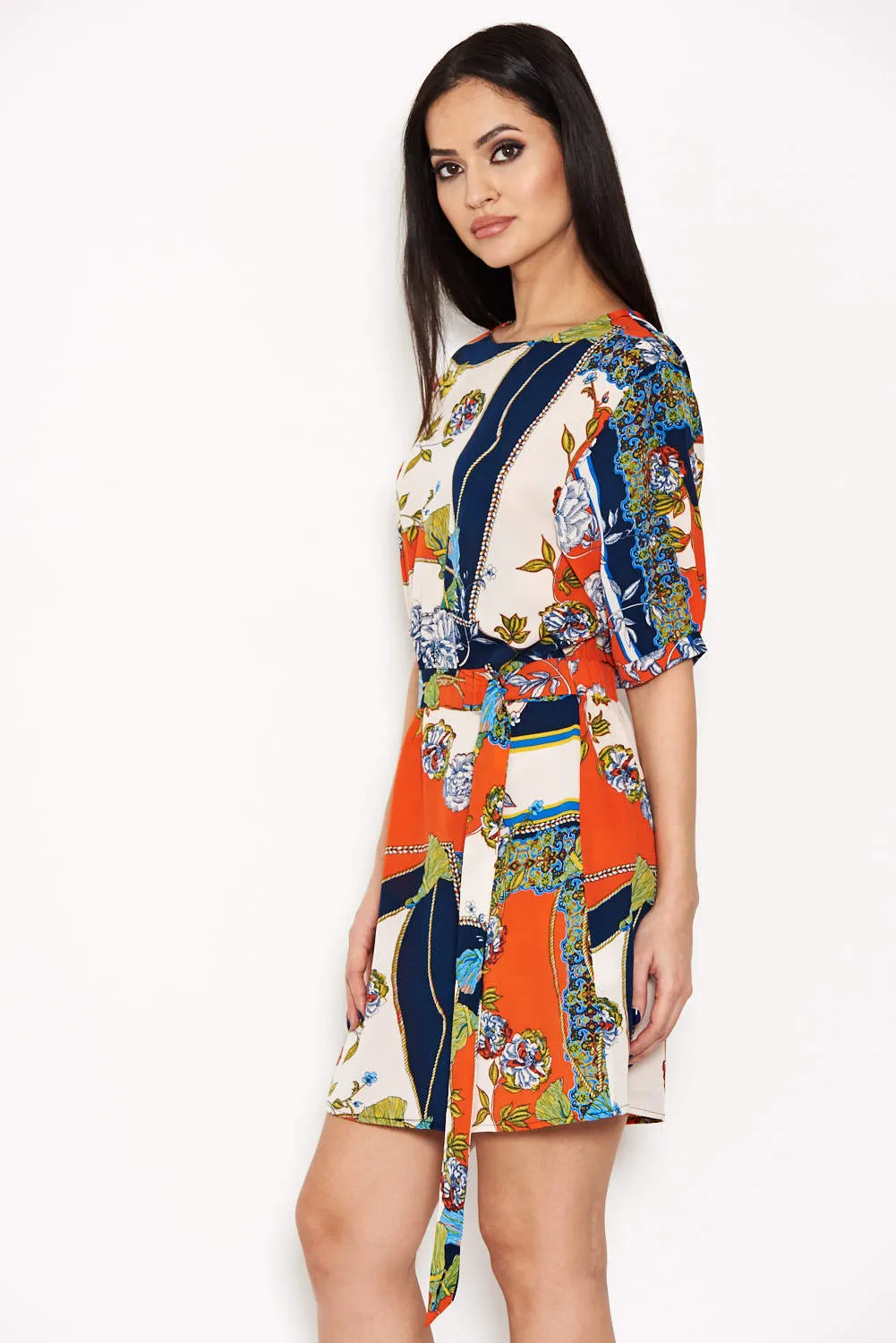 Orange Printed Tie Belt Dress