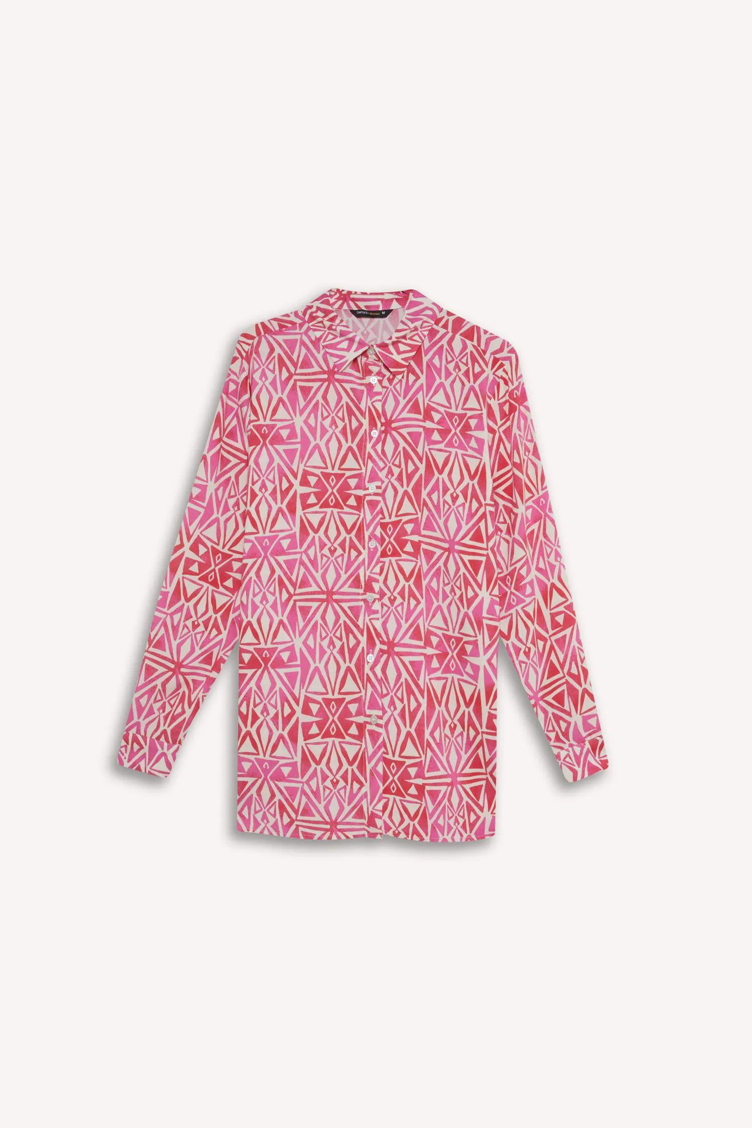 Oversize Fit Shirt Collar Printed Long Sleeve Tunic