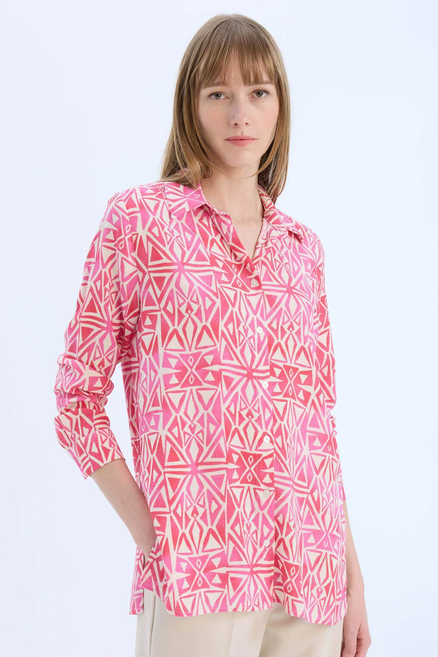 Oversize Fit Shirt Collar Printed Long Sleeve Tunic