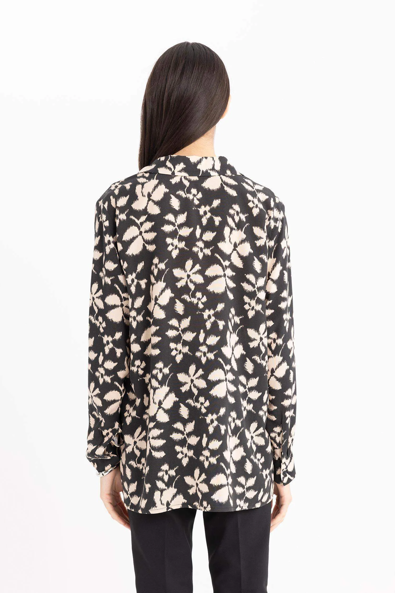 Oversize Fit Shirt Collar Printed Long Sleeve Tunic