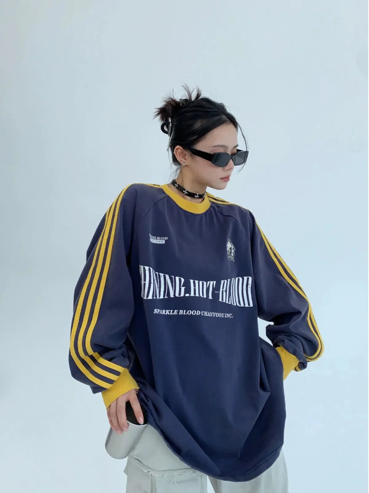 Oversized Striped Sleeves Graphic Sweatshirt