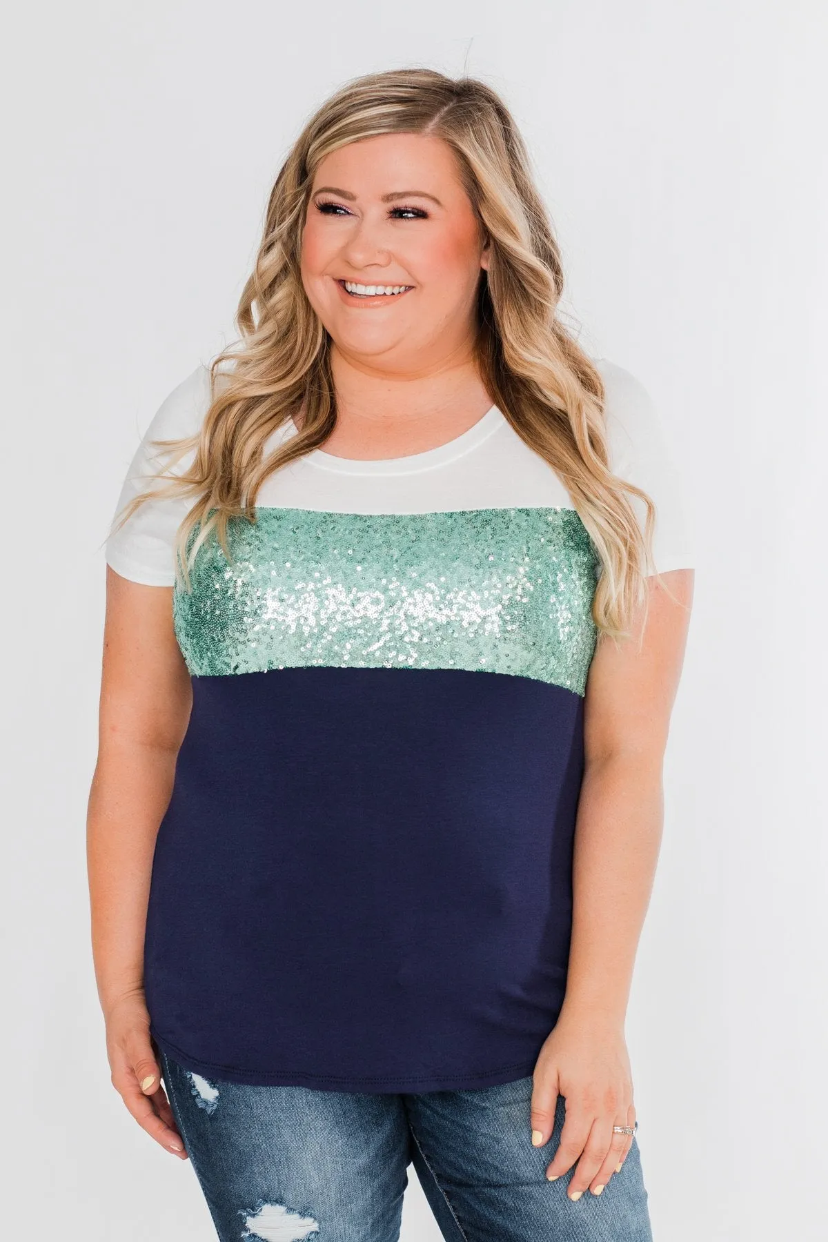 Part Of Your World Sequin Top- Teal Green & Navy