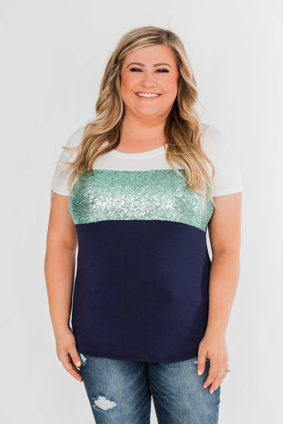 Part Of Your World Sequin Top- Teal Green & Navy
