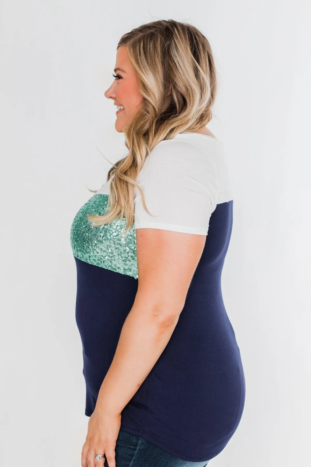 Part Of Your World Sequin Top- Teal Green & Navy