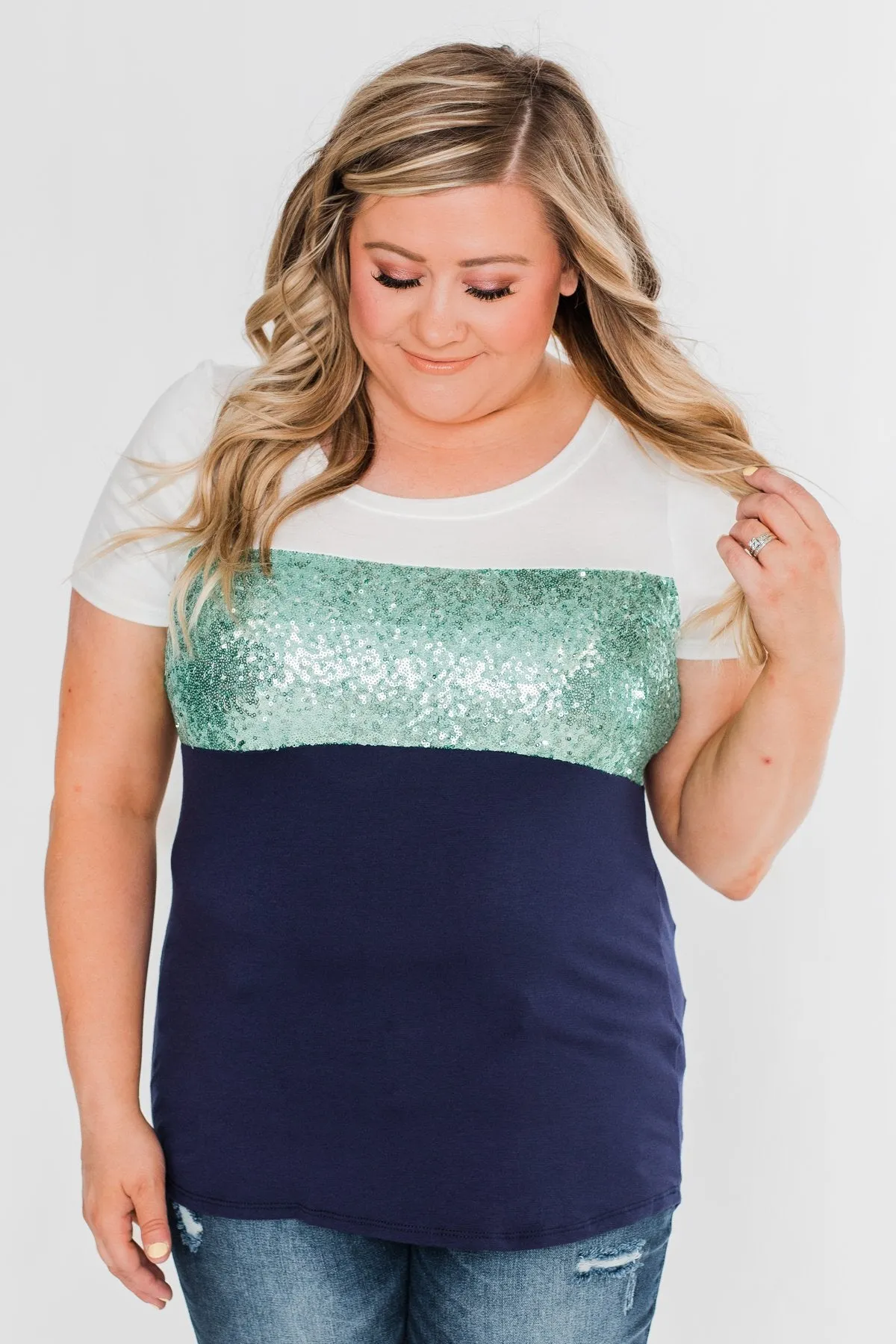 Part Of Your World Sequin Top- Teal Green & Navy