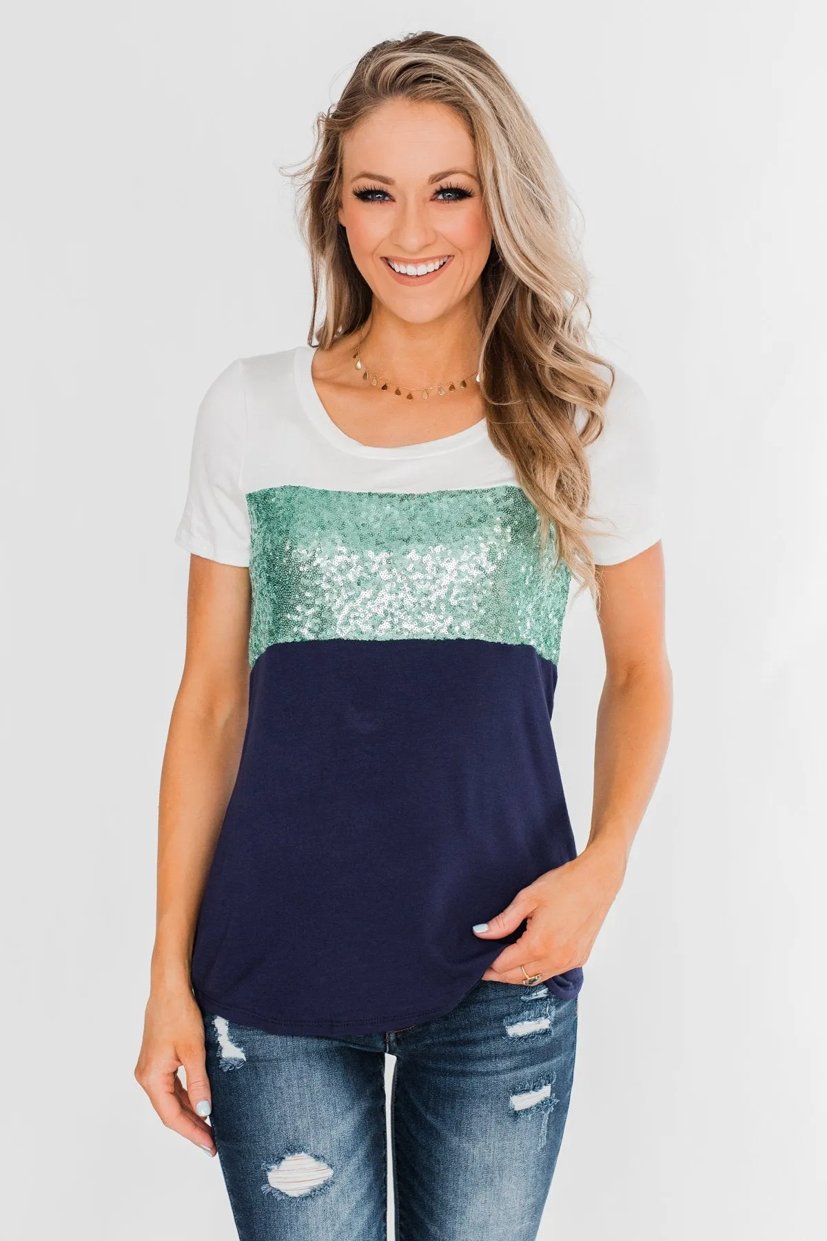Part Of Your World Sequin Top- Teal Green & Navy