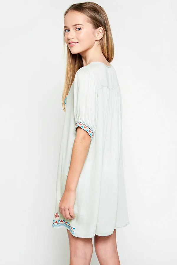 Patterned Embroidered Tunic Dress w/Tassle Detail