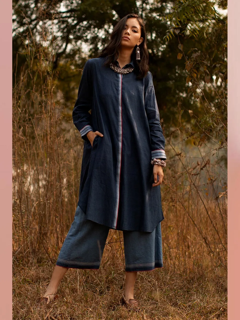 Payal Pratap   -   Tunic Vinson  I  Front Open Collared Tunic With Contrasting Placket And Back Smocking