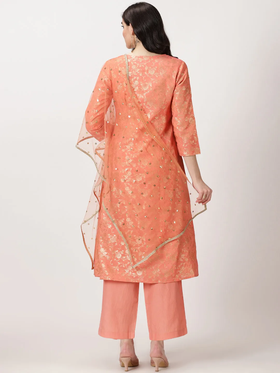 Peach Art Silk Banarasi Jacquard Kurta with Palazzos & Dupatta