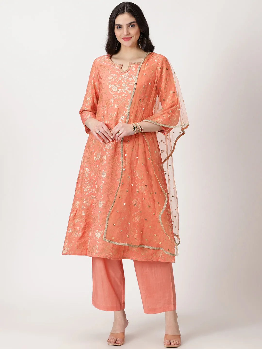 Peach Art Silk Banarasi Jacquard Kurta with Palazzos & Dupatta