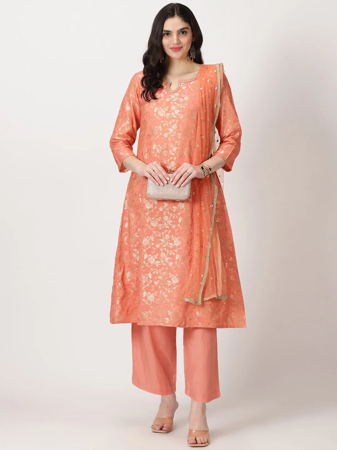 Peach Art Silk Banarasi Jacquard Kurta with Palazzos & Dupatta