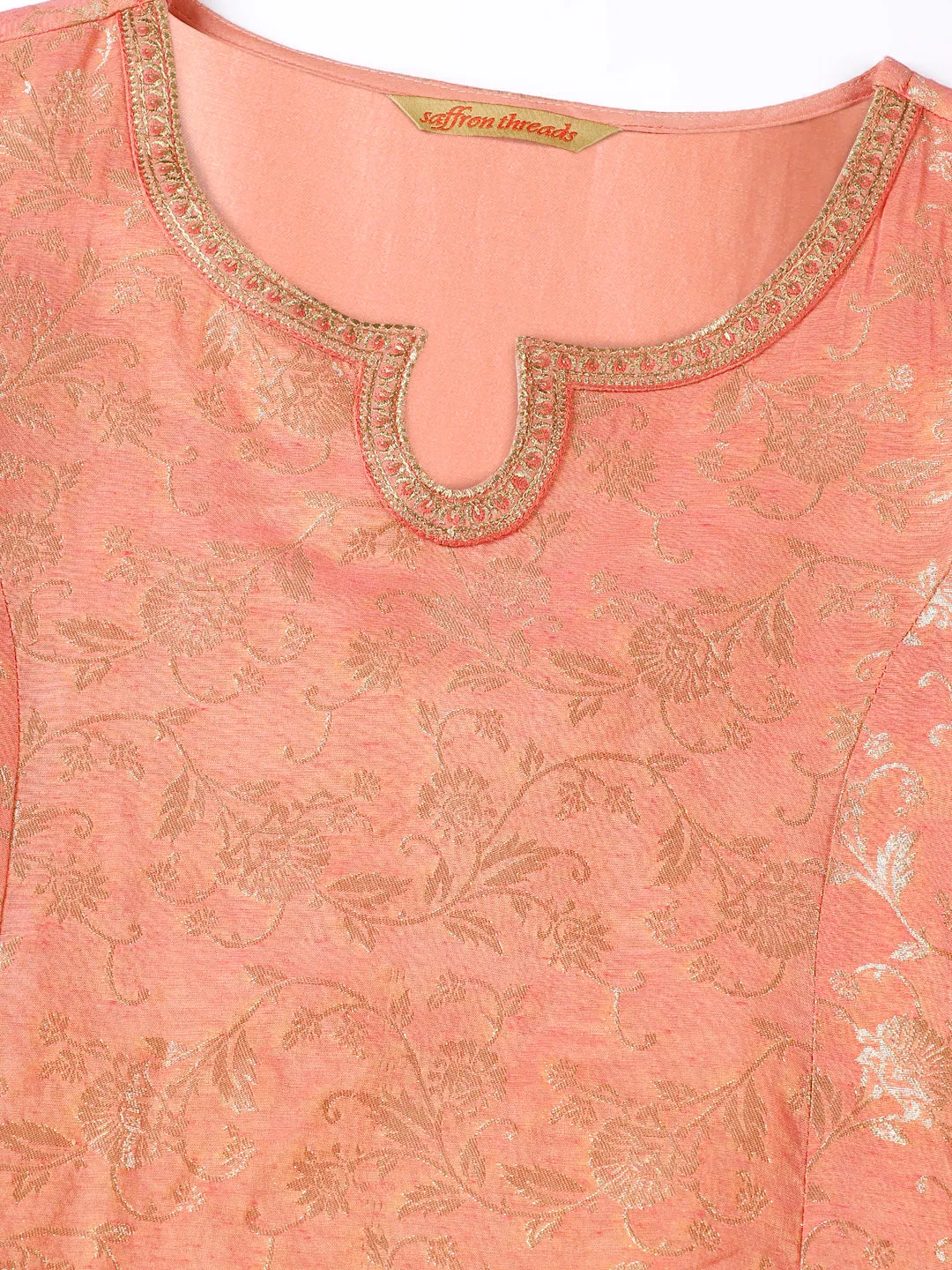 Peach Art Silk Banarasi Jacquard Kurta with Palazzos & Dupatta