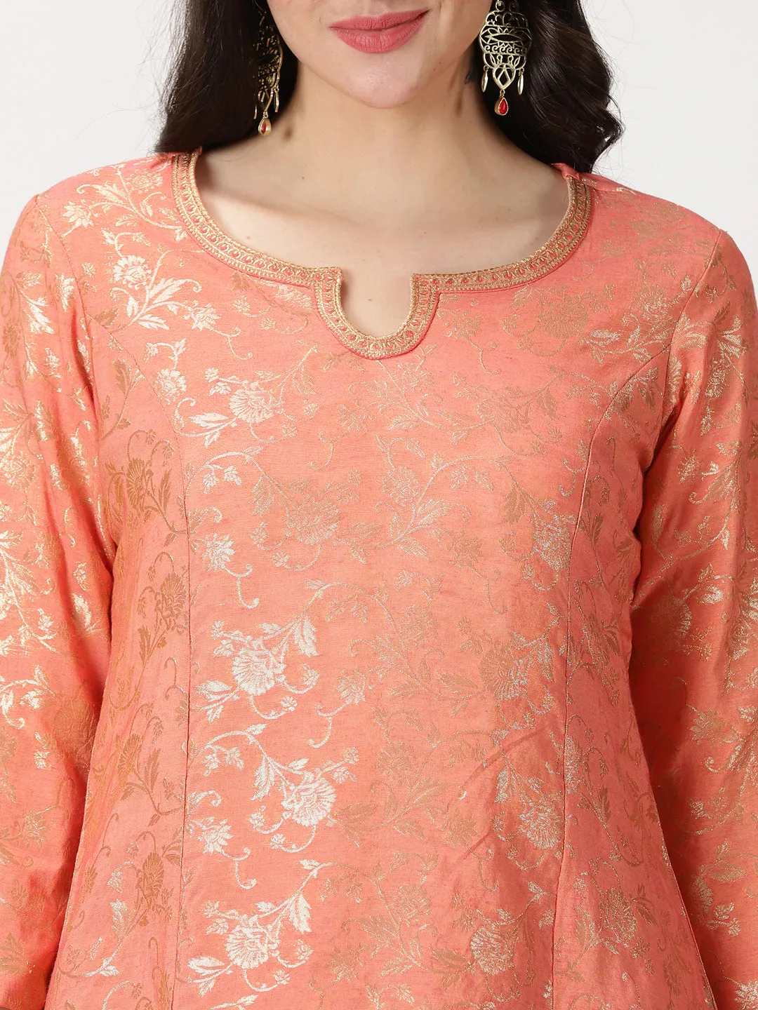 Peach Art Silk Banarasi Jacquard Kurta with Palazzos & Dupatta