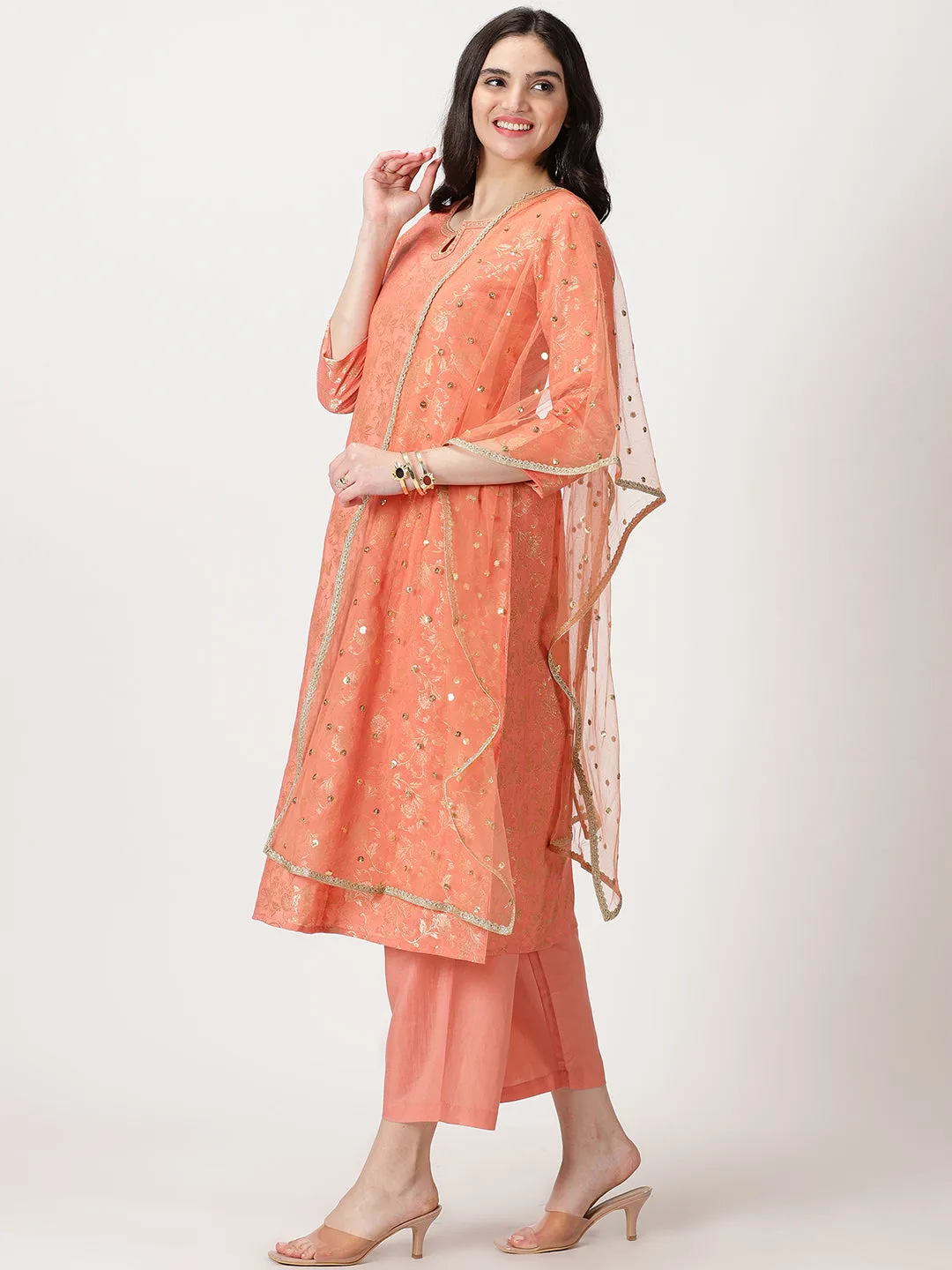 Peach Art Silk Banarasi Jacquard Kurta with Palazzos & Dupatta