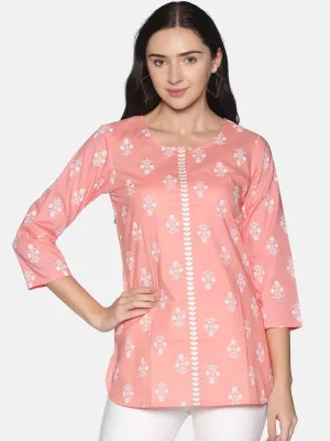 Peach Cotton Printed Tunic With Embroidered Placket With Round Hem