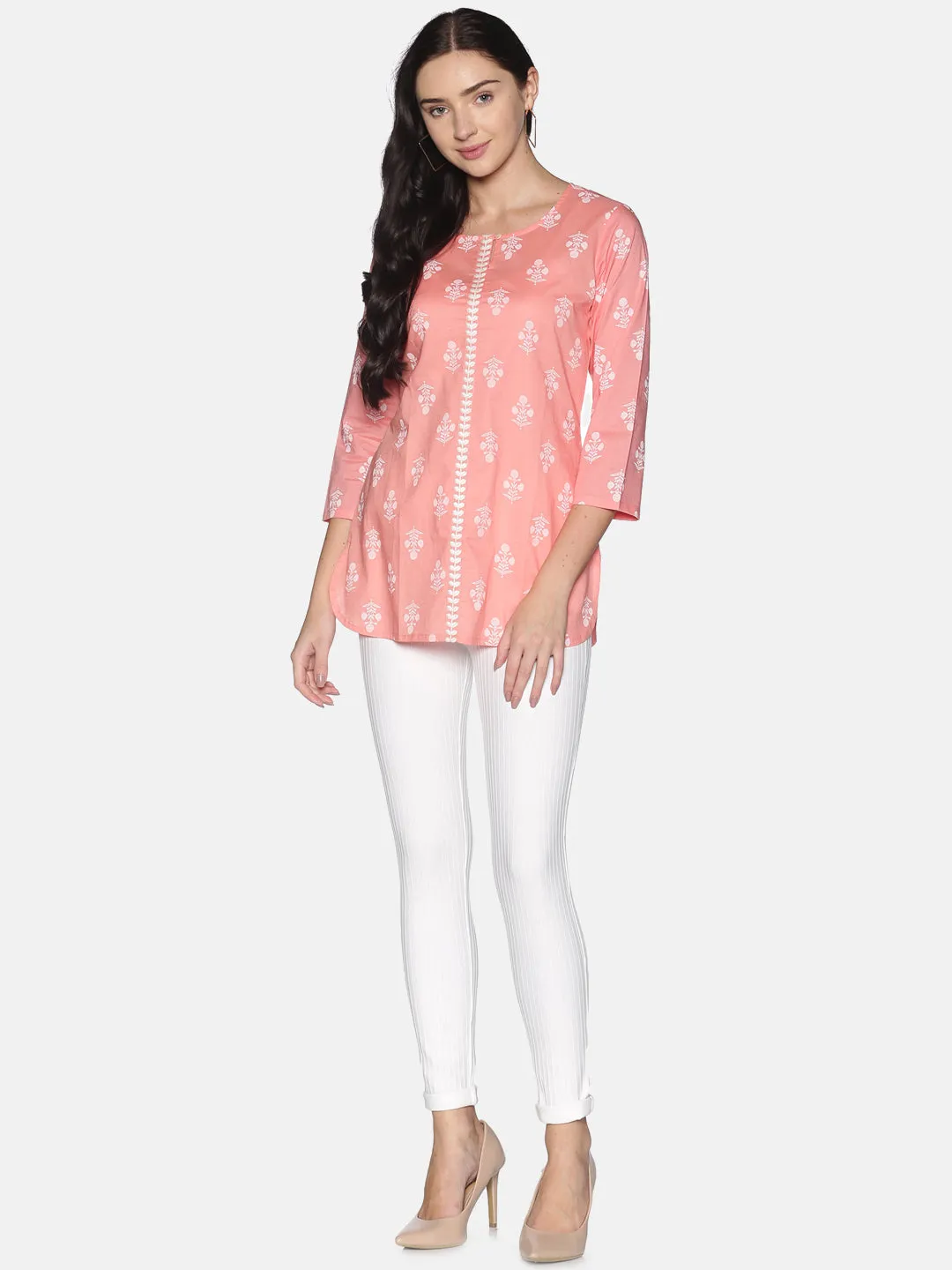 Peach Cotton Printed Tunic With Embroidered Placket With Round Hem
