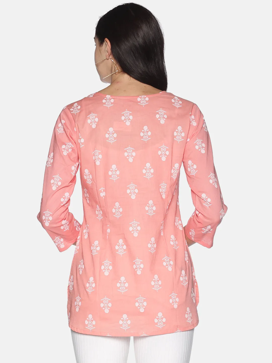 Peach Cotton Printed Tunic With Embroidered Placket With Round Hem