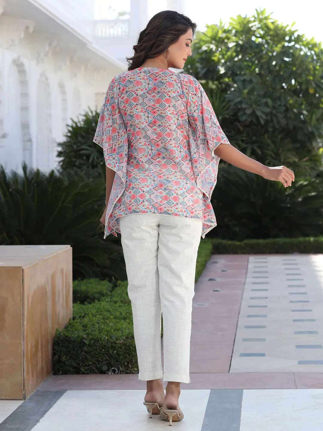 Peach Geometric Printed Georgette Kaftan Top With Pintucks And Lace Details At The Yoke