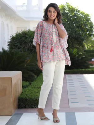 Peach Geometric Printed Georgette Kaftan Top With Pintucks And Lace Details At The Yoke