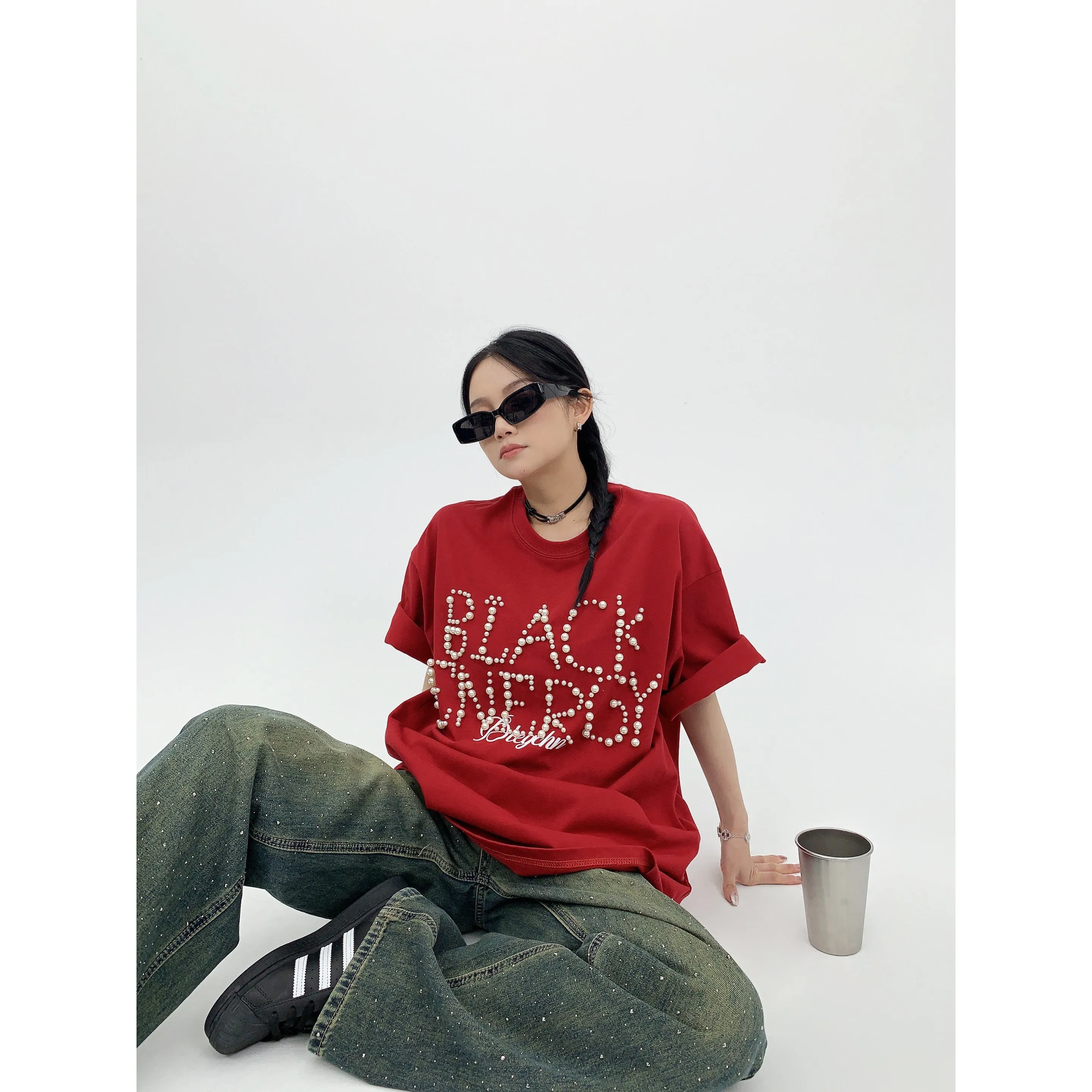 Pearl Letter Embellished T-shirt